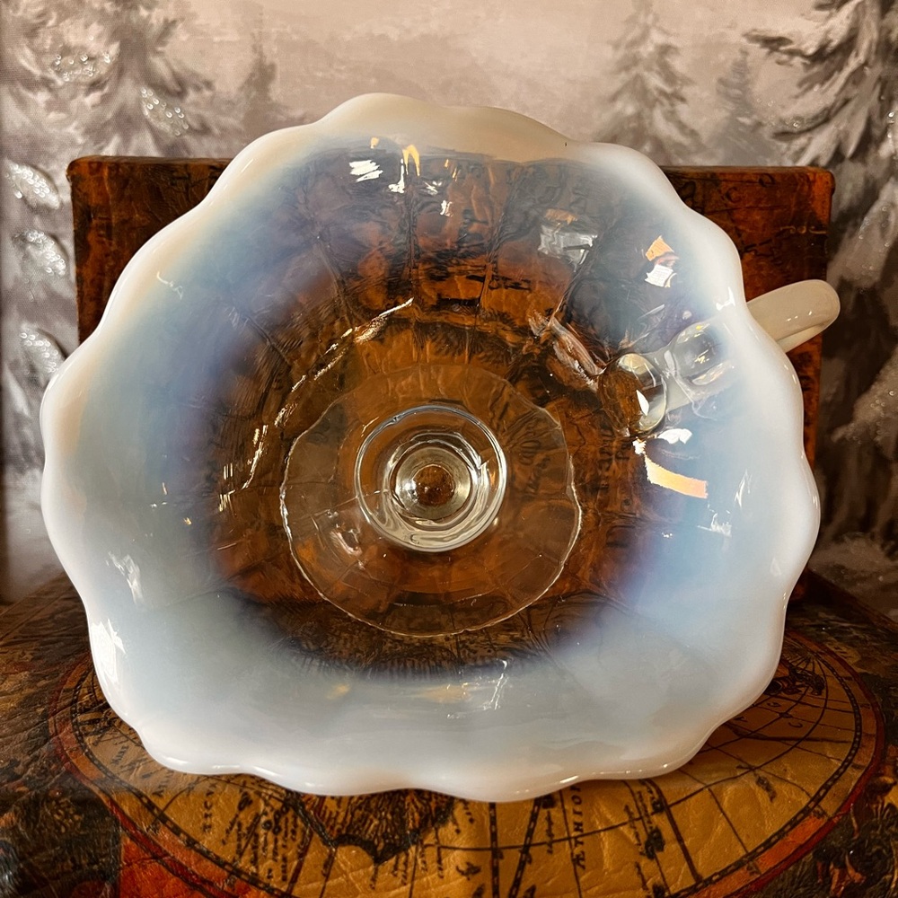 Antique Opalescent Glass Handled Nappy Dish Ruffled Pedestal Northwood Style